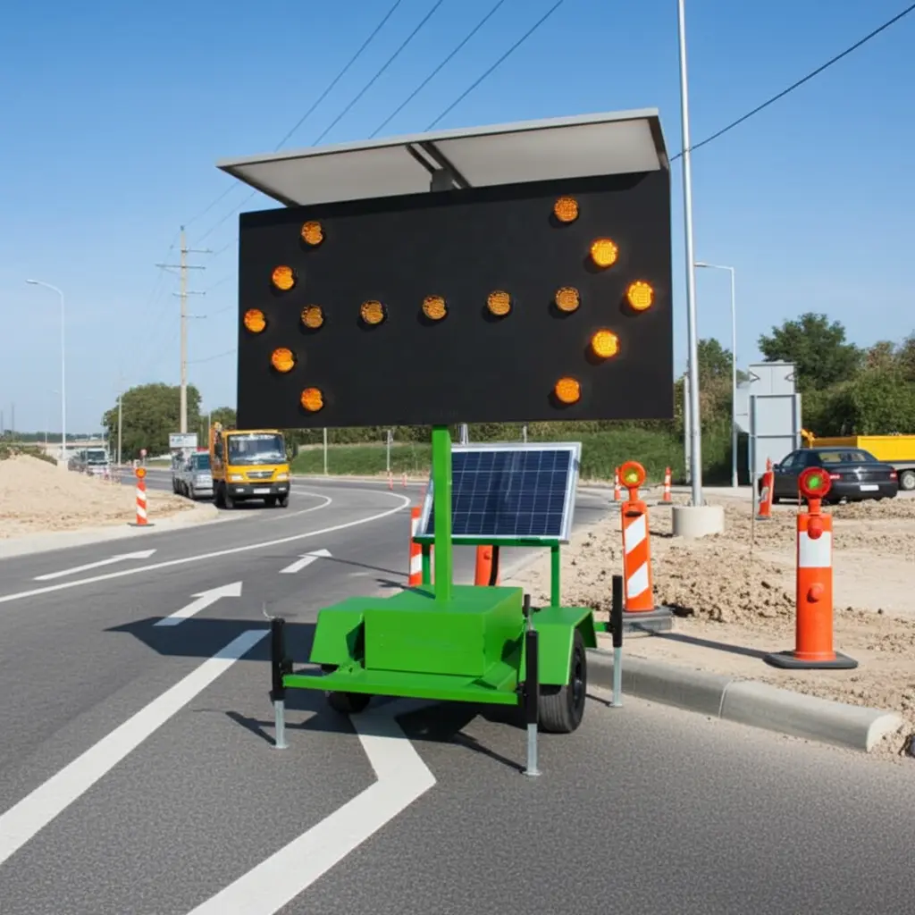 Painel de Seta luminoso em rodovia com obras